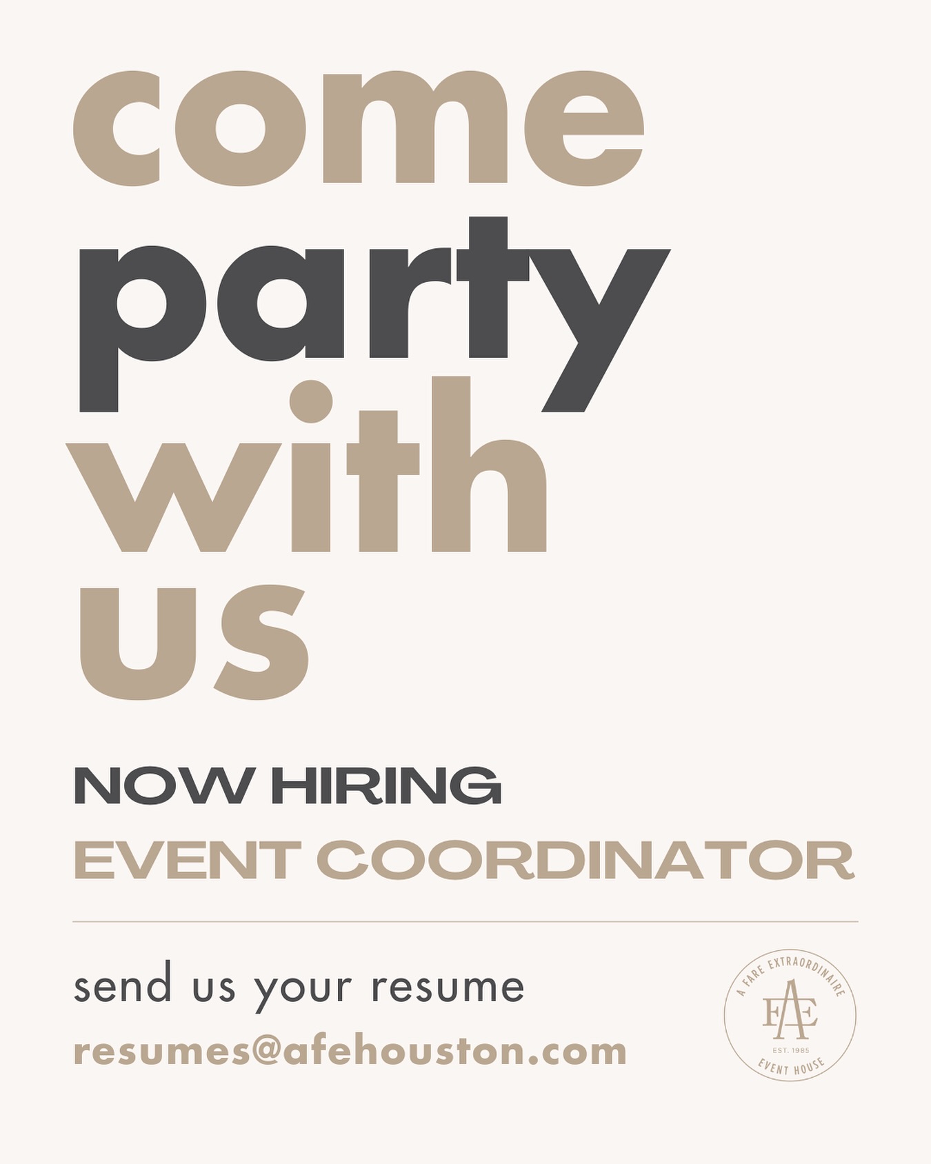 ✨ We’re growing our team! ✨ Do you thrive on details, love creating unforgettable moments, and want your 9–5 to feel more like a celebration? We’re hiring an Event Coordinator at A Fare Extraordinaire!
This is your chance to bring extraordinary events to life. Come party with us 🎉
📩 Apply directly by sending your resume to resumes@afehouston.com with the subject line: “I read the EC Instagram post”